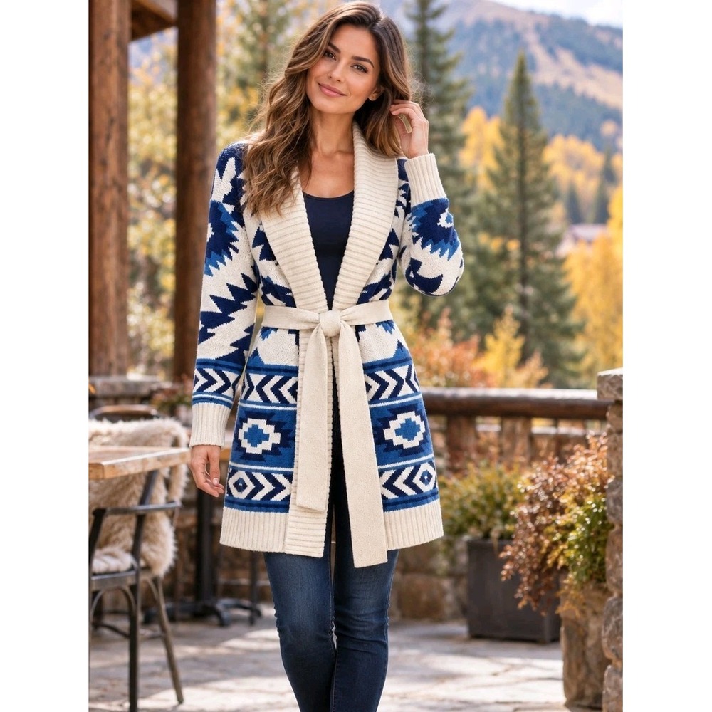 Lucky Brand Southwestern Aztec Belted Cardigan Sweater Womens Large Blue Cream